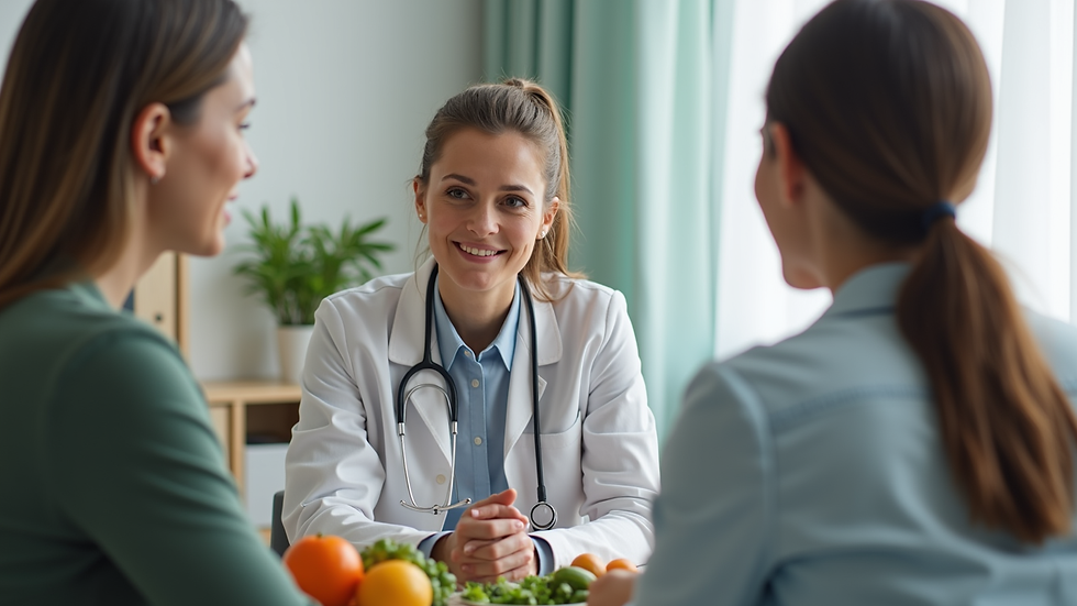 Eye-level view of a consultation room with a nutritionist and a client discussing a diet plan