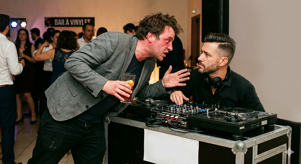 DJ mariage rock Essonne mixant sur régie vinyle et importuné par un invité relou