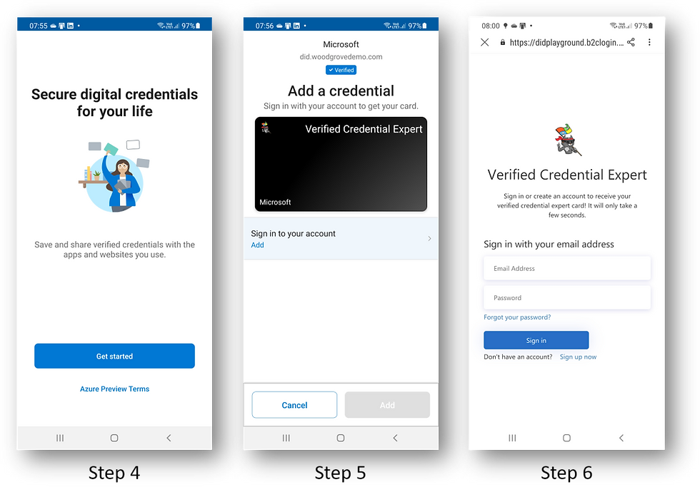 Screenshots of Microsoft Authenticator app as a VC is issued via a B2C ID Token