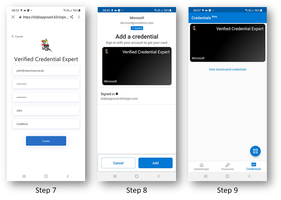 Screenshots showing a VC being added to the Microsoft Authenticator