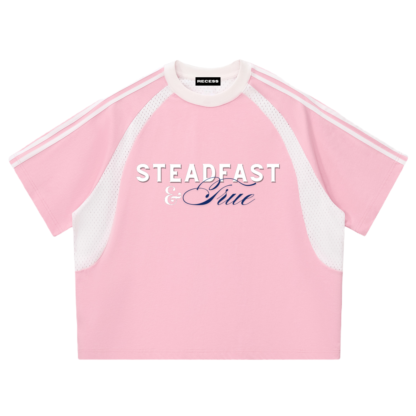 True Daughter-Pink Contrast Stripes Panel Mesh T-shirt