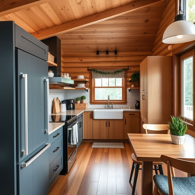 modern meets cabin-style kitchen with a touch of color; simple with little clutter.jpg