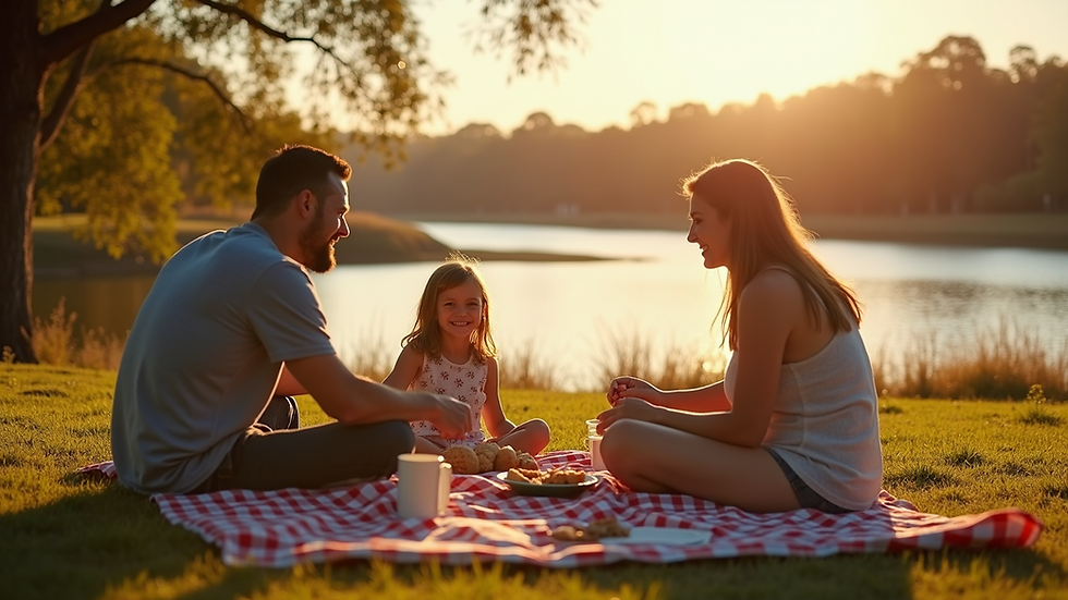 High angle view of a family enjoying a picnic near Junee Reservoir