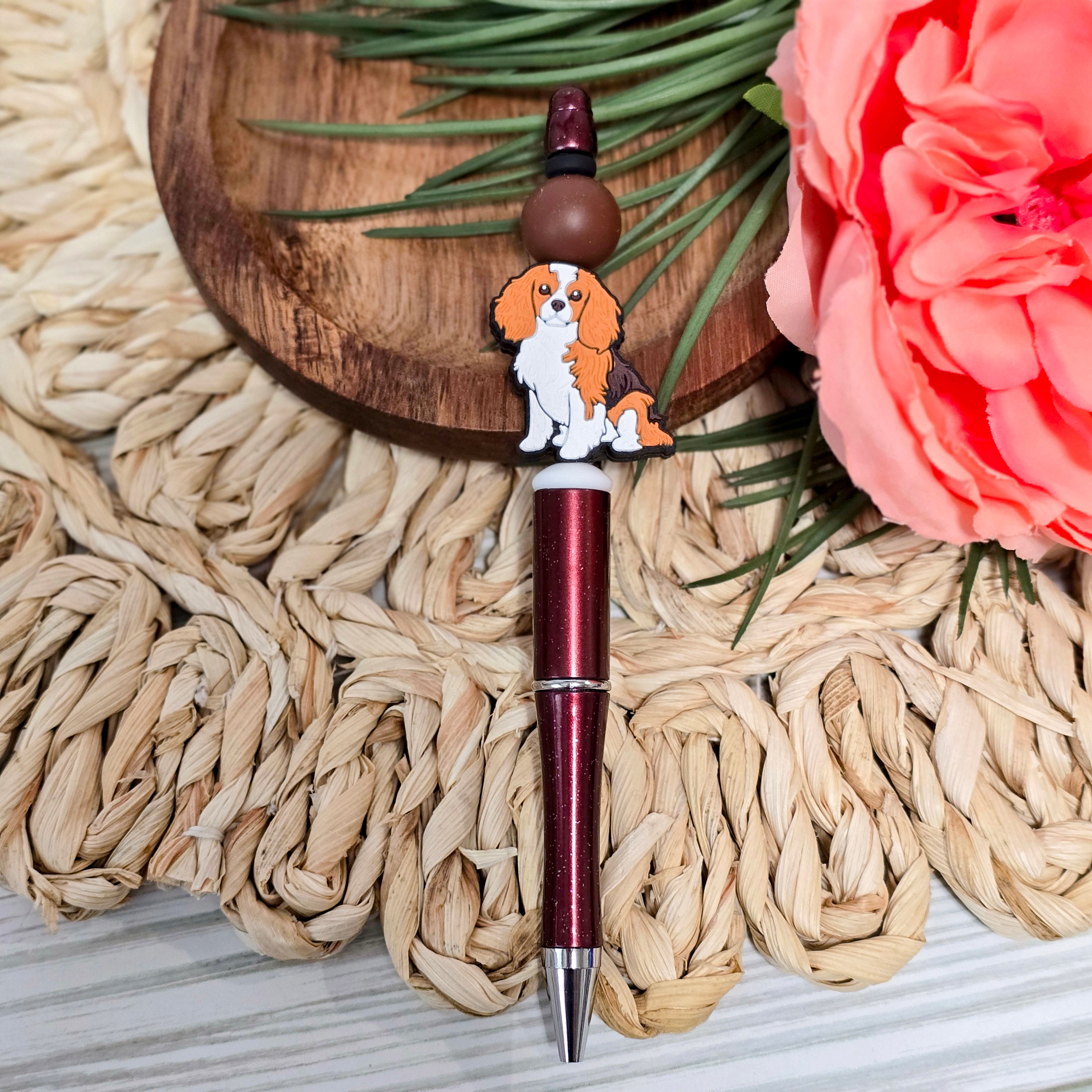 Cavalier King Charles Spaniel Beaded Pen – Maroon Sparkle