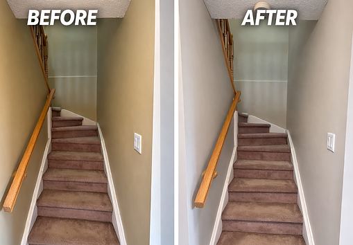 Before and after stairway painting project showing freshly painted hallway walls and staircase in a residential home.
