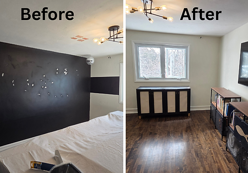 Before-and-after comparison of a bedroom painting project: the “before” image shows a dark black wall with patches and preparation marks, while the “after” image shows the same room freshly painted in a clean cream color with a brighter, refreshed appearance.