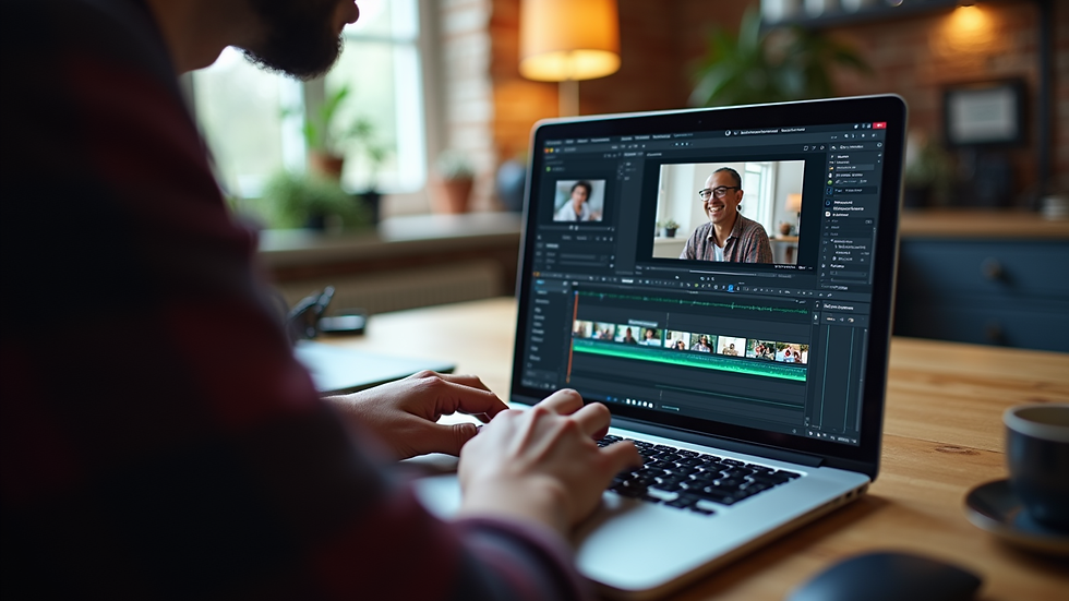 Eye-level view of a freelance video editor working on a laptop with editing software open