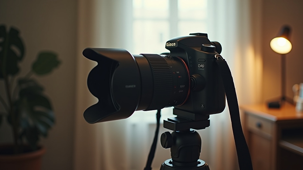 Close-up view of a camera setup on a tripod in a home studio