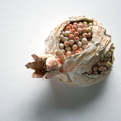 Unswept Floor (Tesserae) (detail: Pomegranate), 2019. Glazed and unglazed ceramic, found glass and ceramic mosaic tiles, glazed porcelain broom-head, wooden branch handle.