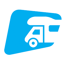 Logo app camperstop con camper bianco su sfondo blu