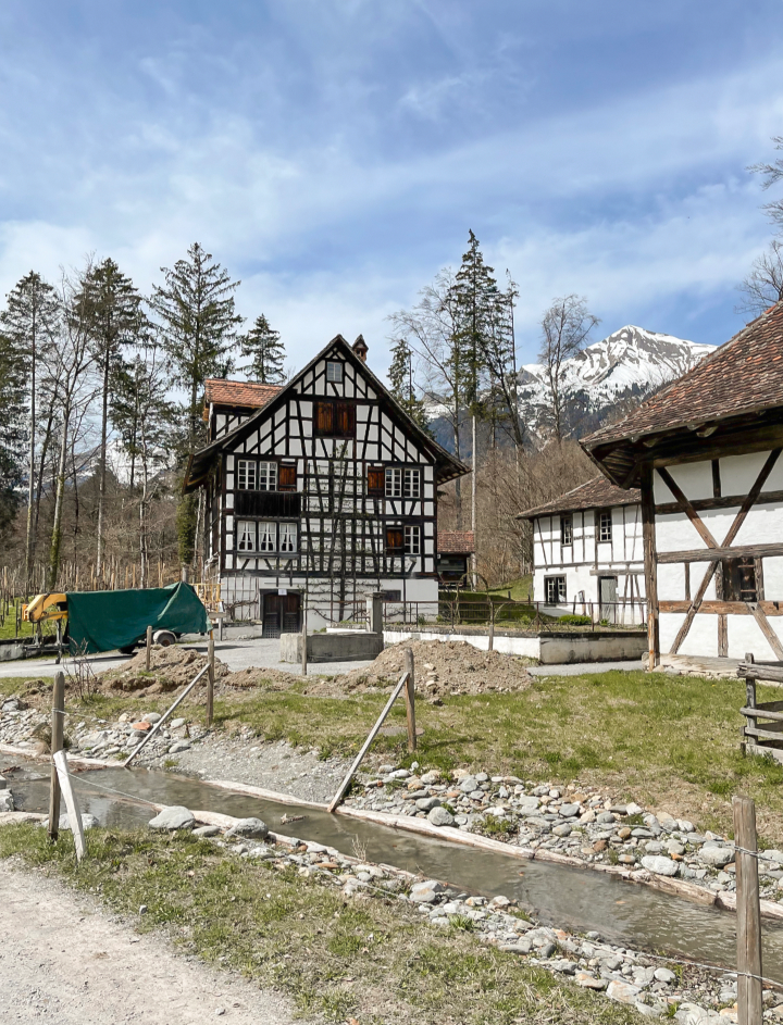 Alcuni edifici passeggiando per il museo a cielo aperto del Ballenberg. Case bianche con decori in legno vicino ad un piccolo fine e le montagne innevate di sfondo