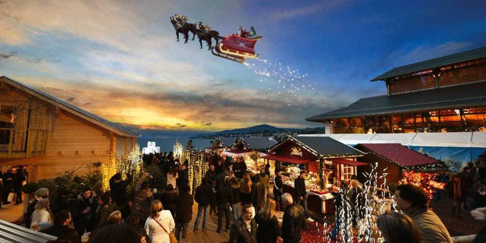 Mercatino di Natale di Montreaux con babbo Natale che vola sulla sua slitta magica
