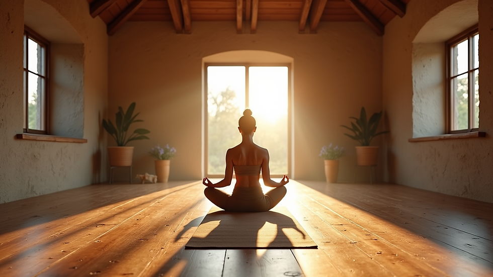 Eye-level view van een rustige yogastudio met zachte verlichting en meditatiekussens