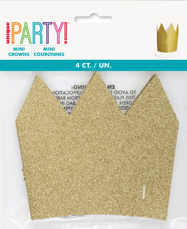 4Pk Mini Gold Glitter Paper Crowns