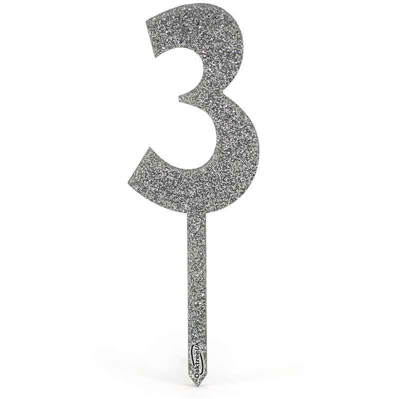 No.3 Acrylic Silver Glitter Cake Topper