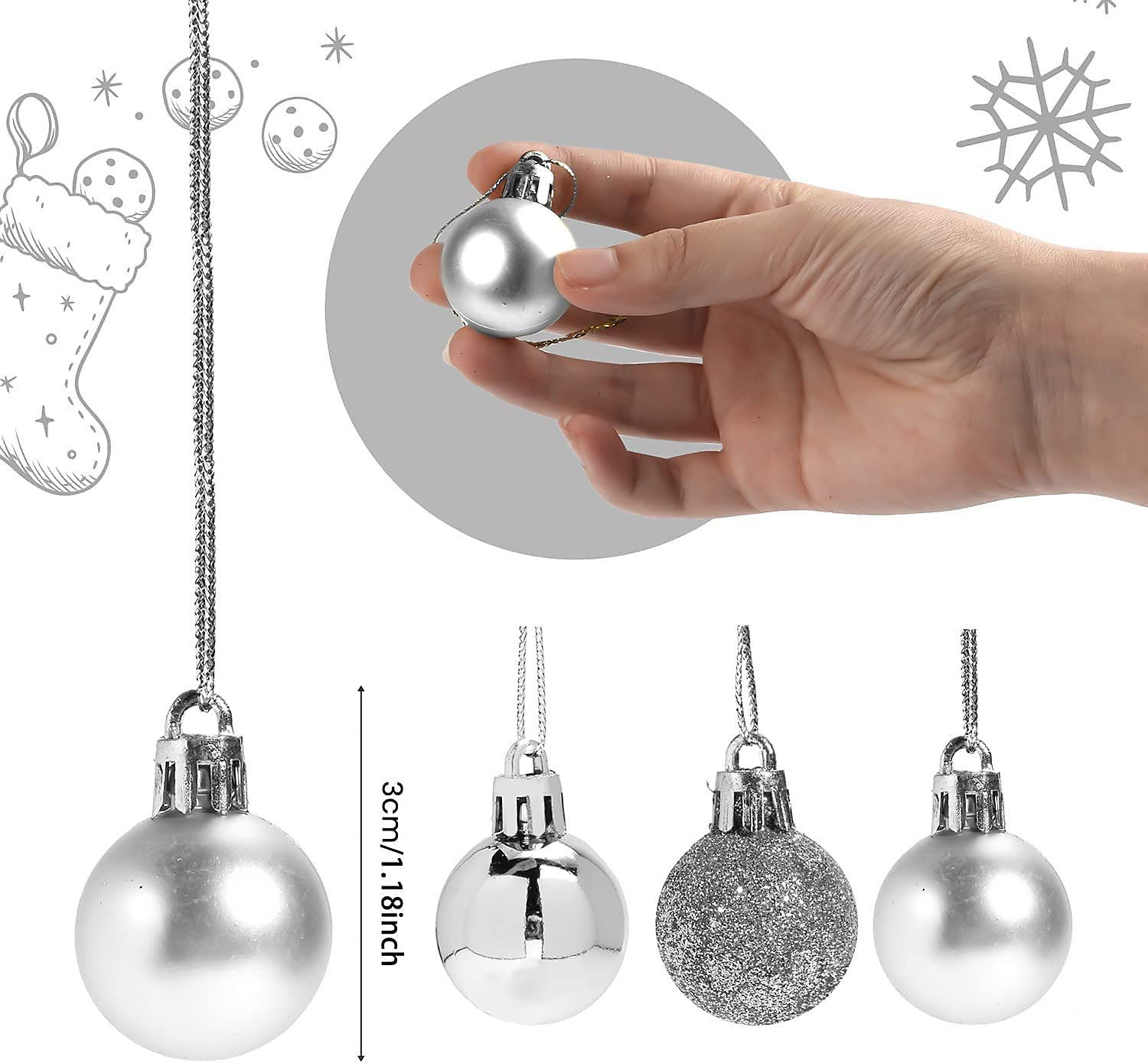 Shatchi Christmas Silver Baubles 12Pc Mini