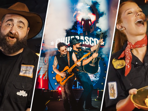 Colagem promocional do evento Churrasco On Fire com três cenas: à esquerda, um churrasqueiro de chapéu falando para a câmera; ao centro, Fernando e Sorocaba se apresentando no palco com guitarras e efeitos de luz; à direita, uma mulher do Team On Fire experimentando carne com acompanhamento em um prato.