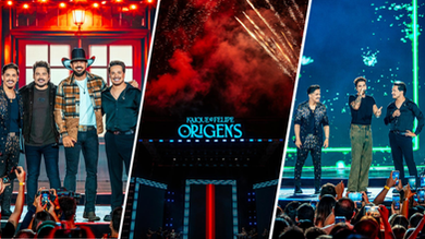 Kaique & Felipe durante gravação do projeto Origens em Cabreúva com participações de Luan Santana e Fernando & Sorocaba, palco iluminado com fogos e público ao vivo