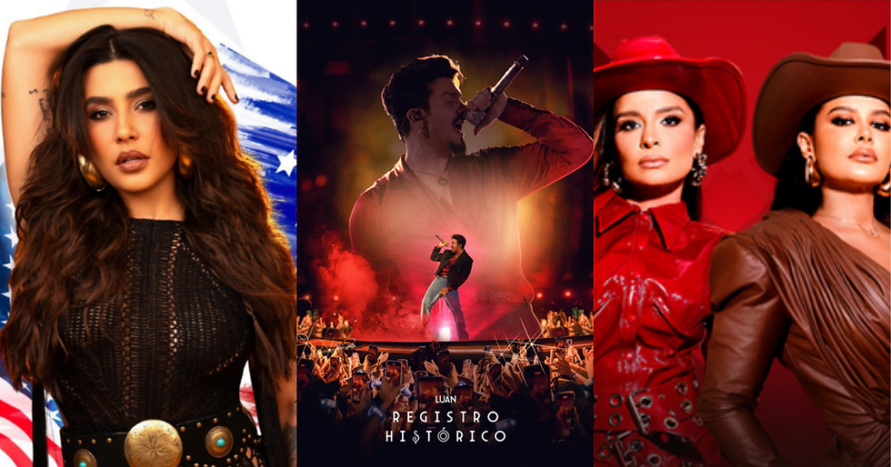 Montagem com Lauana Prado, Luan Santana e Maiara & Maraisa em artes promocionais, destacando shows internacionais do sertanejo nos Estados Unidos e na Europa em 2026.