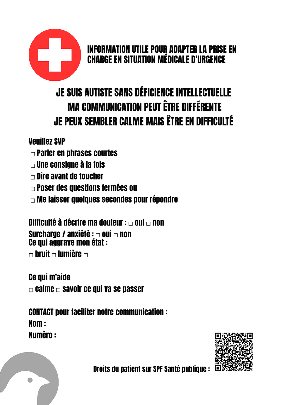 Exemple de fiche d'urgence que le patient donne à l'ambulancier. Outil à co-construire entre ambulanciers et adultes TSA-SDI pour une meilleure communication en situation médicale d'urgence.