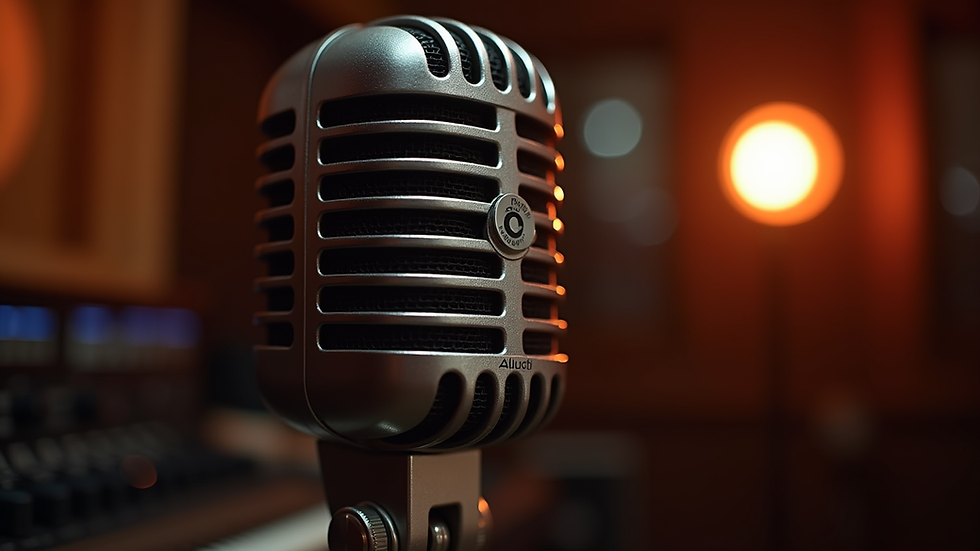 Close-up view of a vintage microphone in a dimly lit recording studio