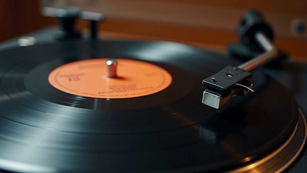 High angle view of a vinyl record spinning on a turntable