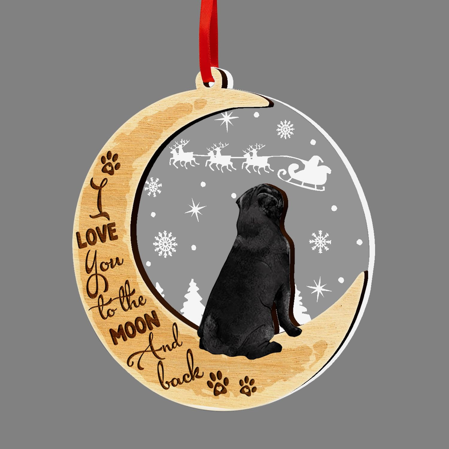 GOSBLUE Black Pug Dog Ornaments Christmas Tree Pug 2 Layer Wood & Acrylic Orname