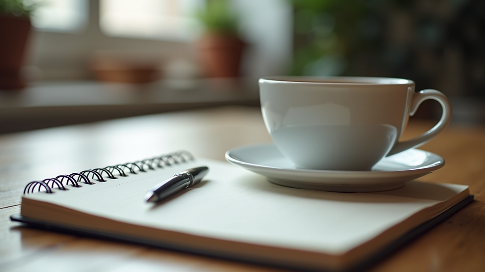 Close-up view of a notebook and pen on a desk next to a cup of tea
