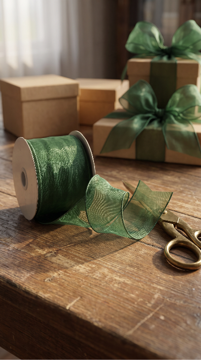 Thumbnail: Organza Ribbon - 50mm x 25m - Christmas Green