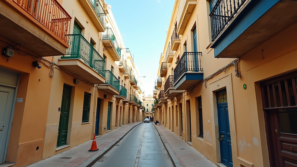 Eye-level view of a traditional Maltese street with colorful balconies
