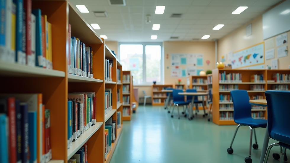 Eye-level view of a colorful language learning space with books and posters