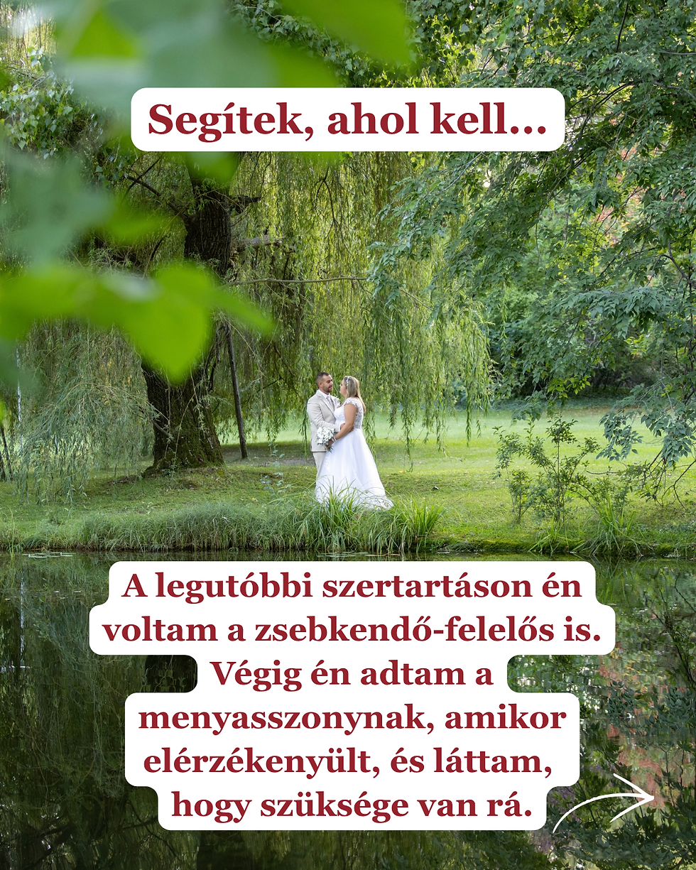 Egymásra néző esküvői pár a lajosmizsei Geréby kúria parkjában , a tóparton zöld fák között