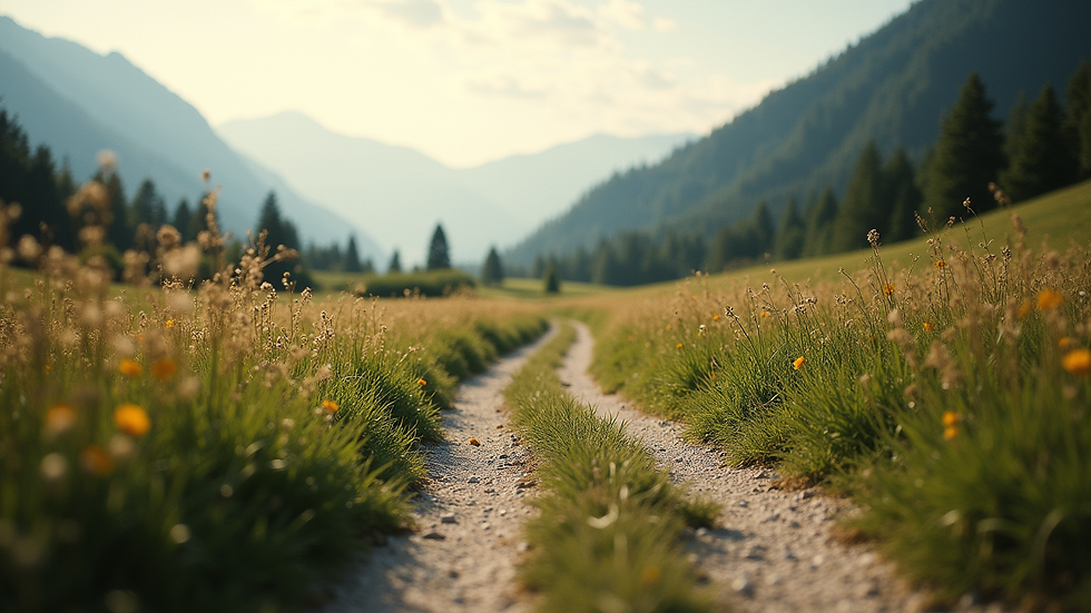 Eye-level view of a serene landscape with a winding path