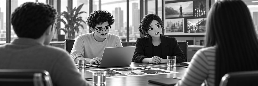 The illu team listening to a client's brief across a meeting table