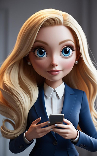 3d image of beautiful blonde woman, big blue eyes, long hair, professional image on a cell