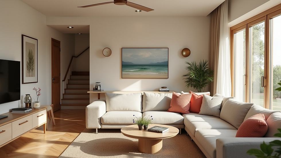 Eye-level view of a cozy living room in a vacation rental