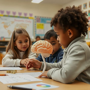 Children 8 years olds together in a classroom with a brain model.jpg