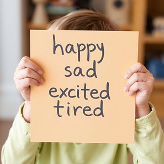 A child holding a sign (in front of their face) on which is written_ happy, sad, excited,