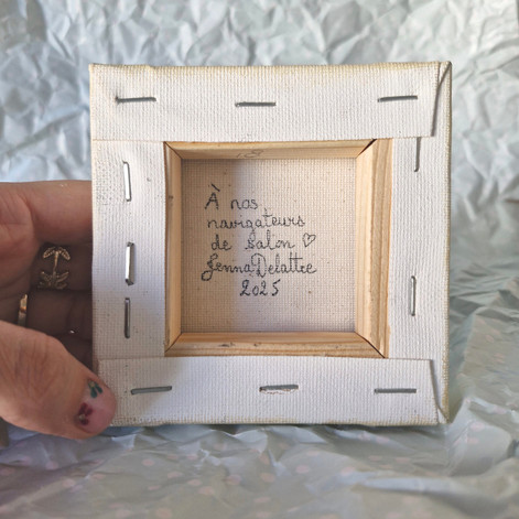 Vue arrière de la peinture à l'huile "À nos navigateurs de salon" de Jenna Delattre, signature manuscrite et titre au dos