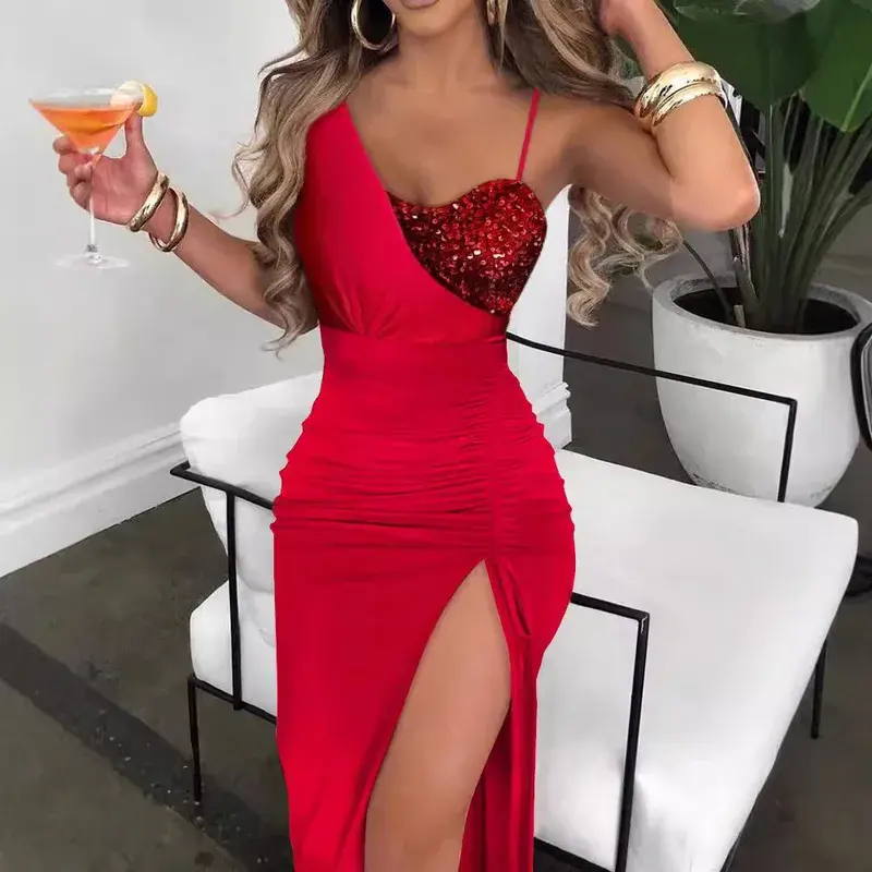 Robe de soirée mi longue fendue avec épaule unique