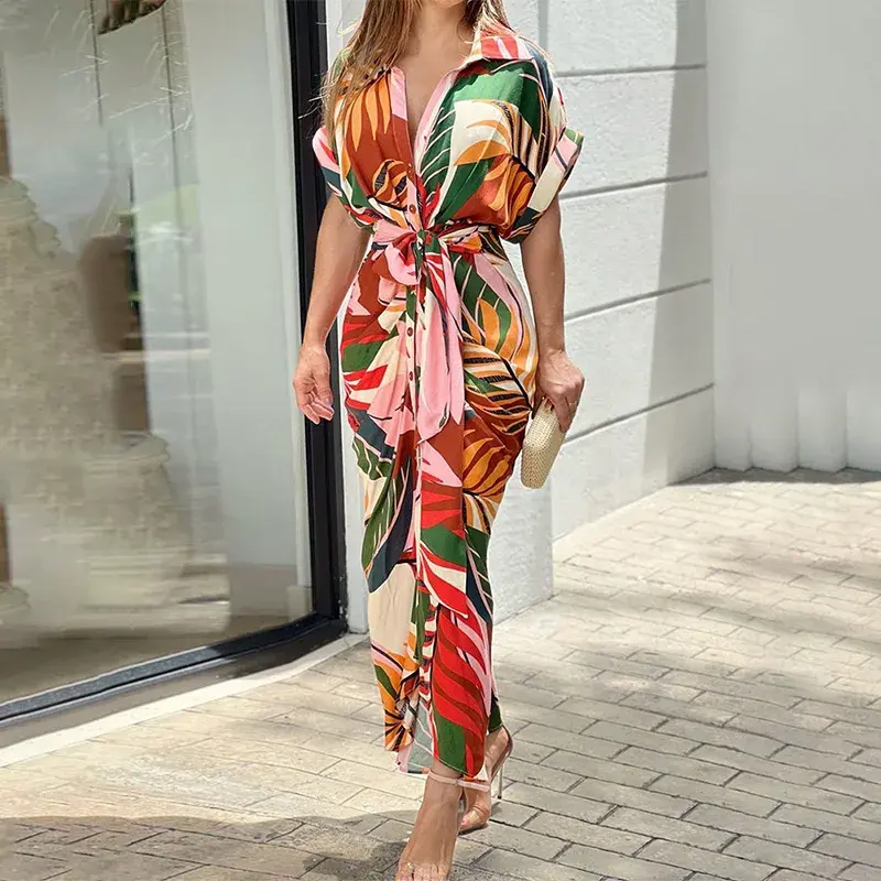 Robe mi longue manches courtes imprimée floral
