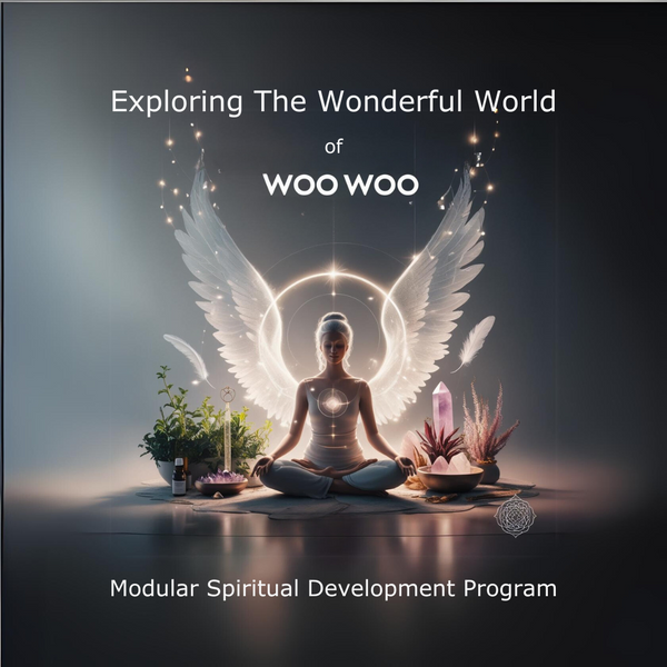 Image of woman sat in the lotus position with white Angel wings and surrounded by crystals and symbols of spirituality.