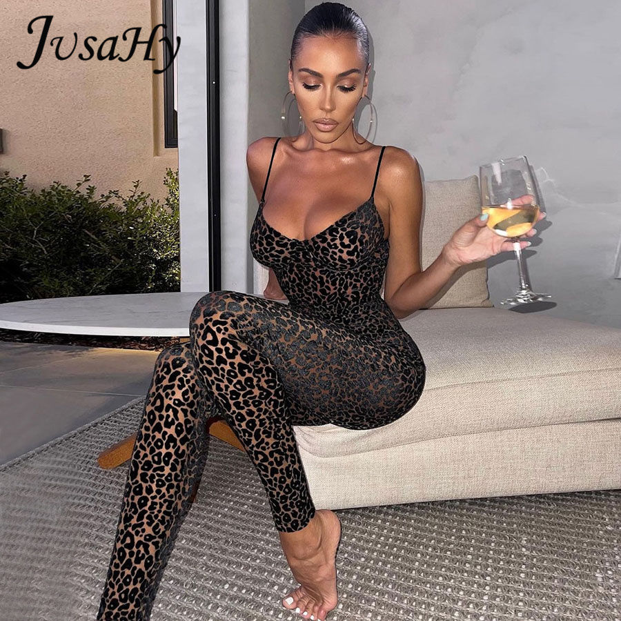 JuSaHy Leopard Print Flocking Jumpsuit for Women Fashion Sleeveless Backless Bod
