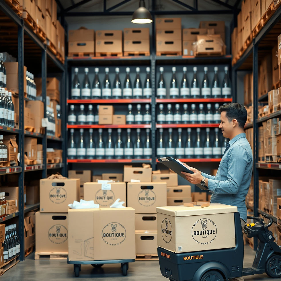 A stylish warehouse or boutique storage space with neatly organized shelves displaying pre