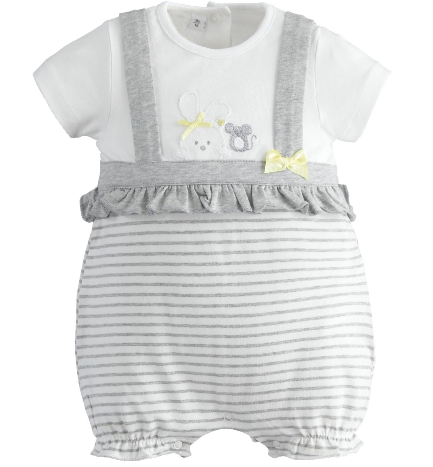 Pagliaccetto fantasia rigata con animaletti finta salopette modello unisex