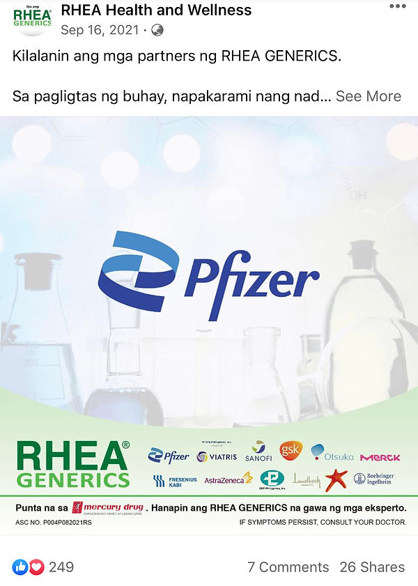 RHEA Generics digital campaign, Facebook post "Pfizer" 
