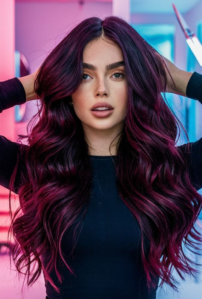 A woman with wavy burgundy hair poses with hands on her head against a pink-blue background.