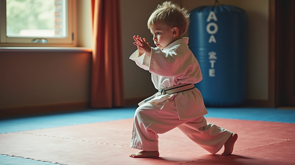 Close-up view of a child practicing a karate stance on a padded floor