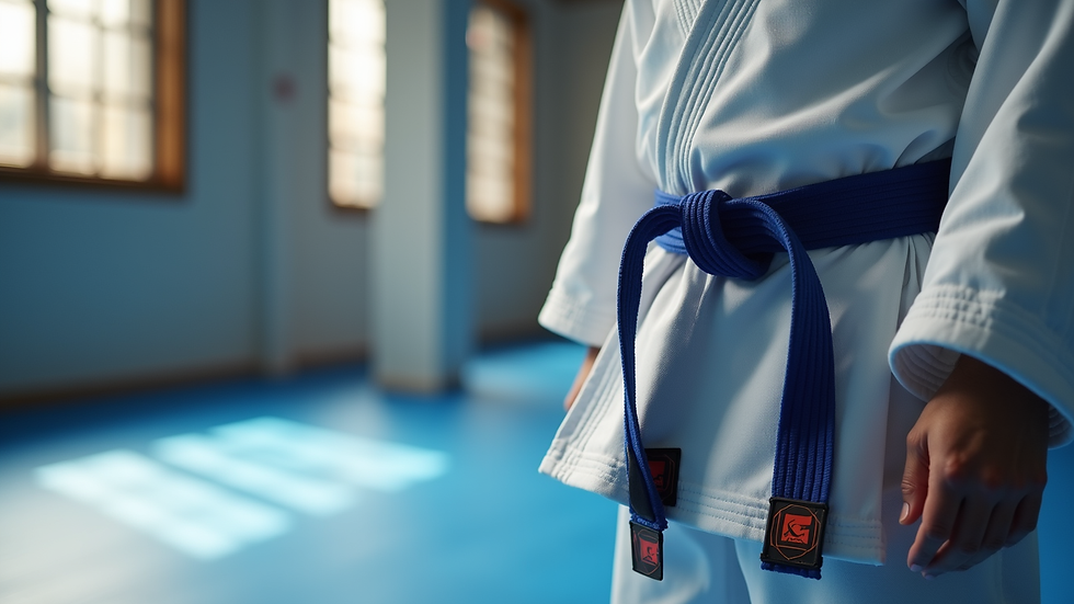 Close-up view of a karate gi and belt on a training mat