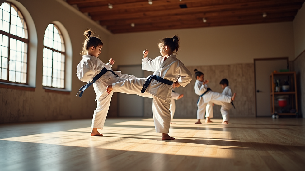 Eye-level view of a karate dojo with children practicing kicks